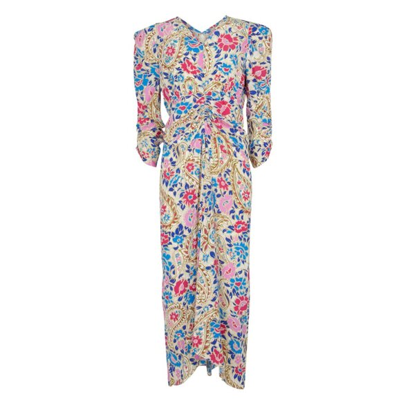 Isabel Marant Albini Ruched Floral Silk Crepe De Chine Midi Dress NEW - 34/XS/2 - Picture 1 of 4
